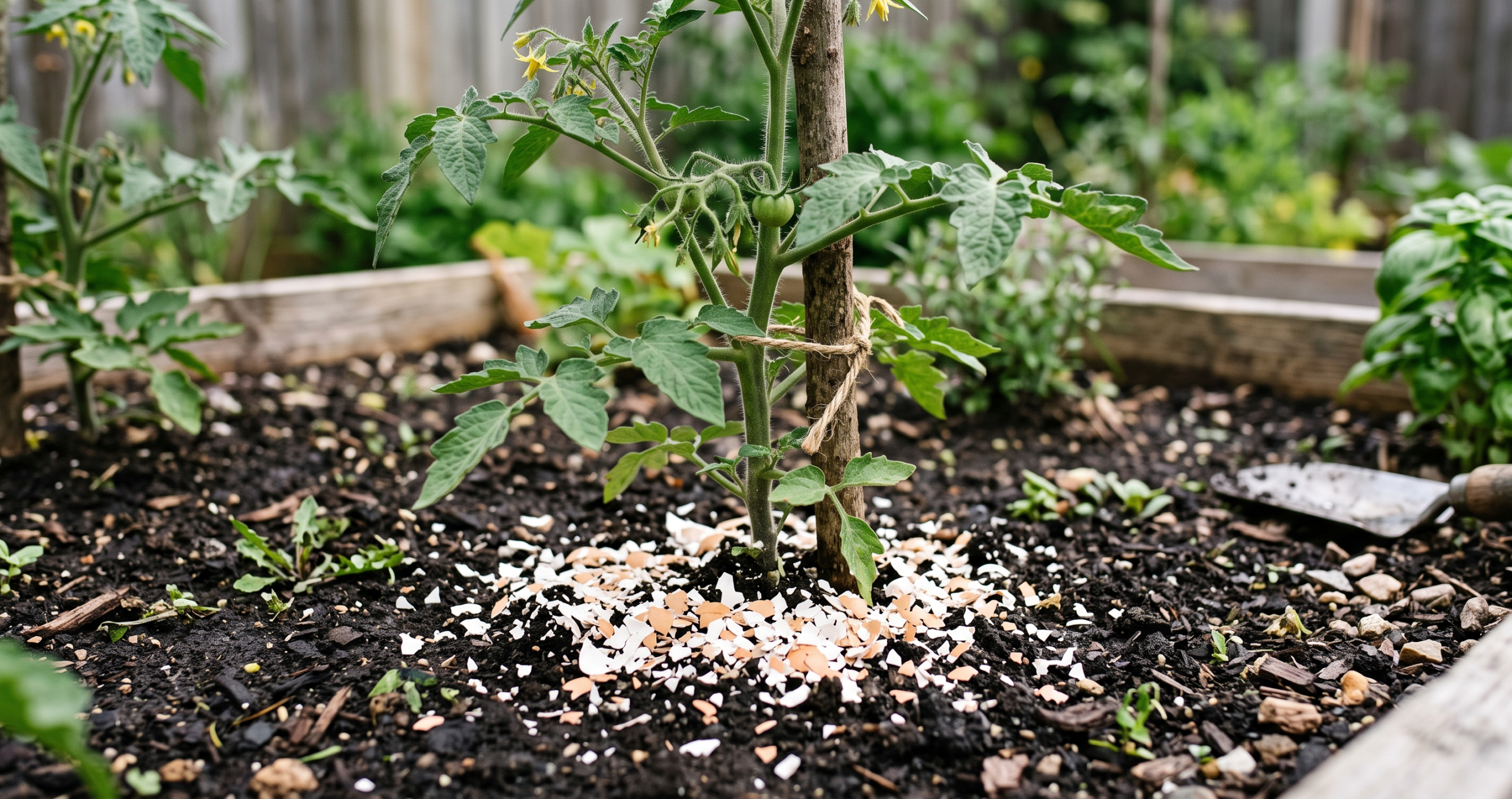 Coquilles d'œufs broyées au pied du plant de tomate