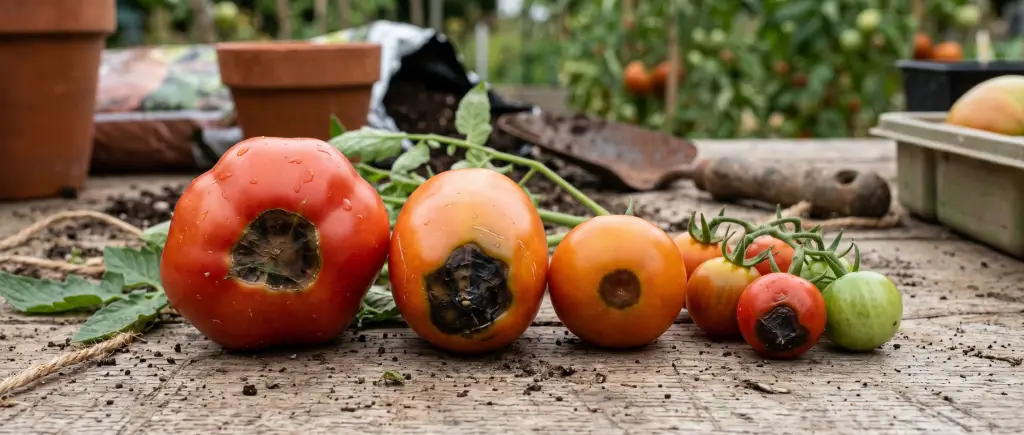 Tomates atteintes de la maladie du cul noir posées sur une table de jardin
