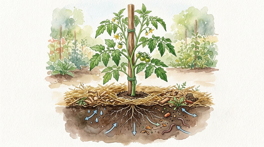 Schéma du paillage au pied du plant de tomate