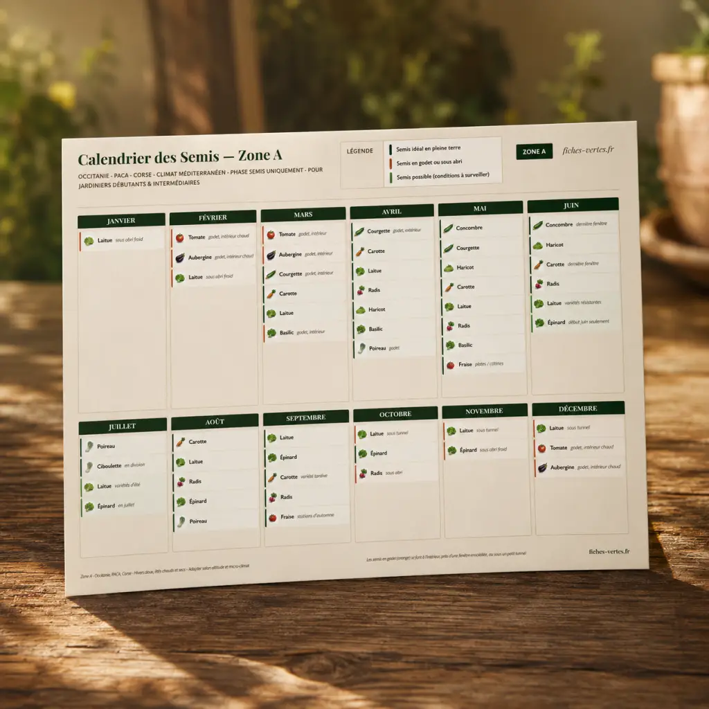 Calendrier des semis Zone A (climat méditerranéen) affiché mois par mois, Fiches Vertes