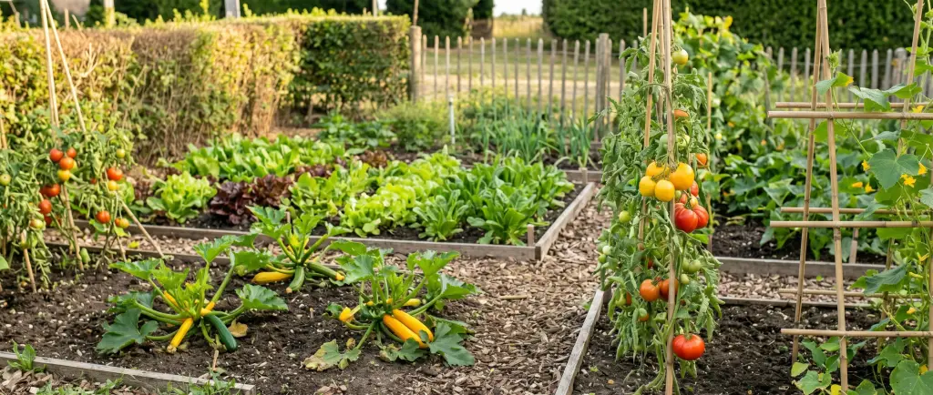 Potager en carrés avec tuteurs à tomates, illustrant une erreur classique de débutant