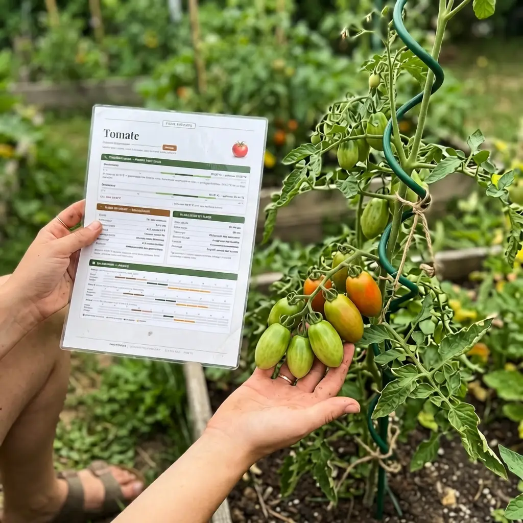 Fiche de culture Tomate de Fiches Vertes tenue devant un plant de tomates cerises