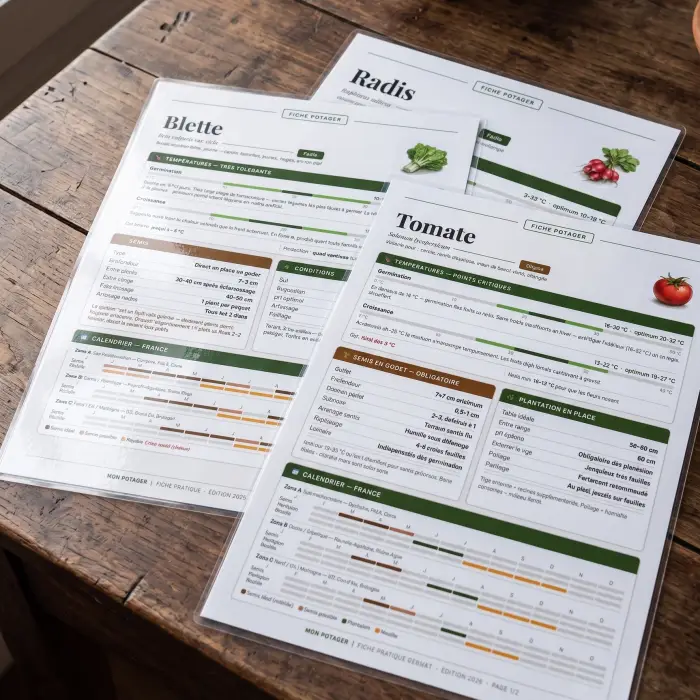 Fiches de culture Fiches Vertes (blette, radis, tomate) posées sur une table en bois