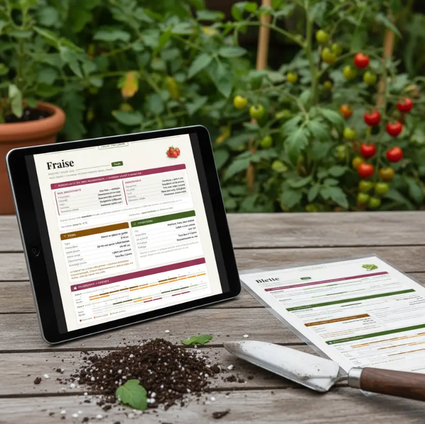Tablette affichant une fiche de culture Fiches Vertes posée dans un potager