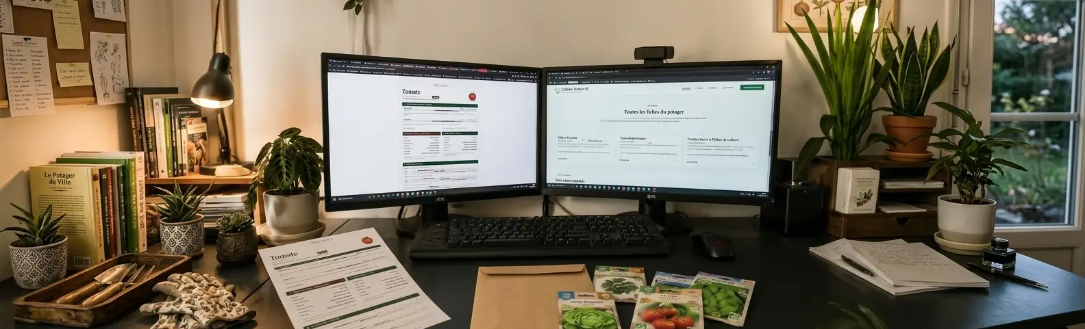 Bureau de travail de Fiches Vertes avec plusieurs écrans et plantes vertes