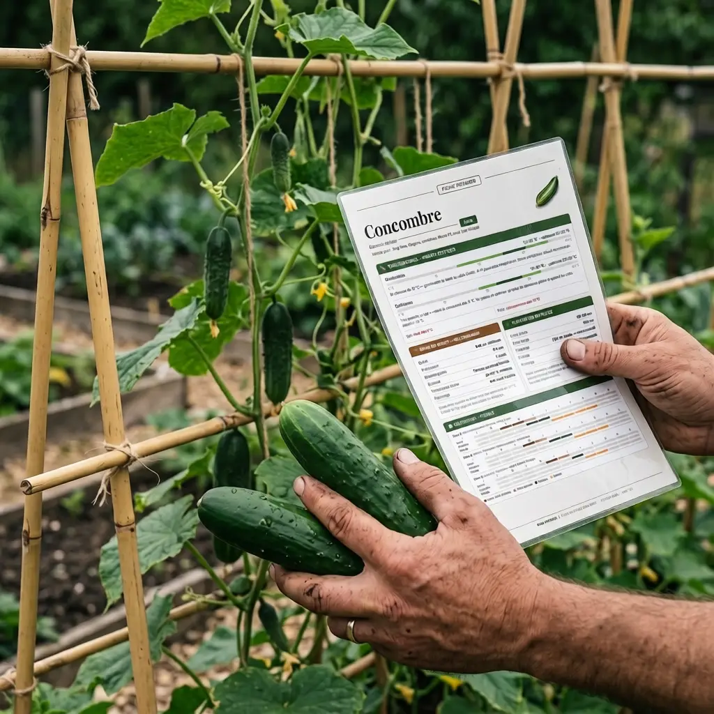 Concombres sur un plant palissé avec la fiche de culture Fiches Vertes en main