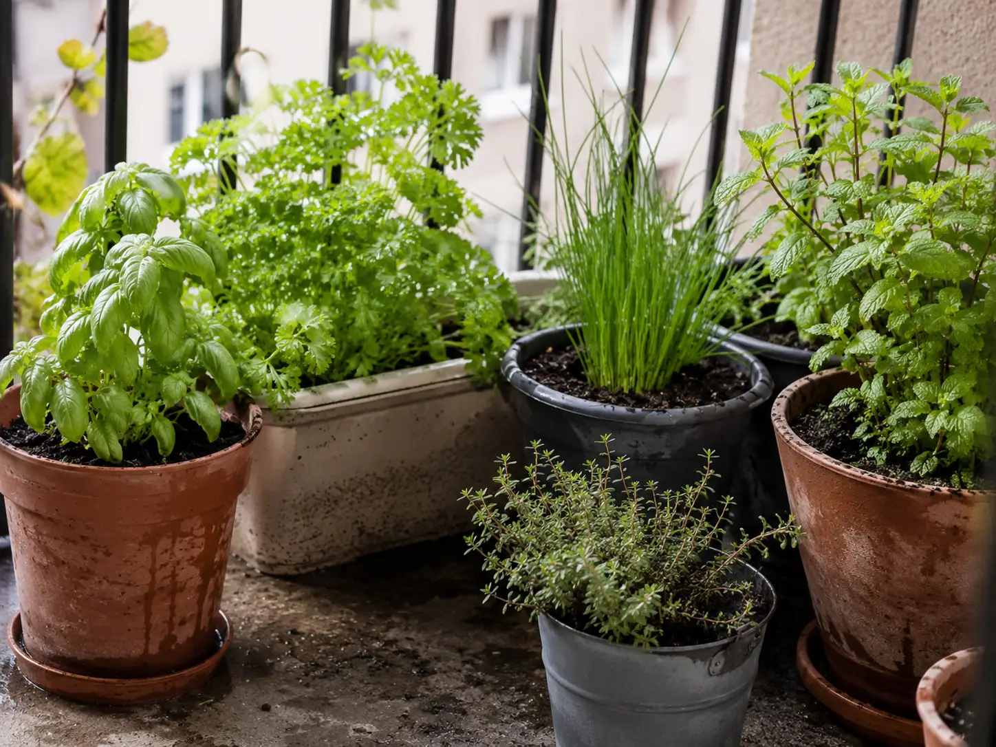 Pots d'aromates (basilic, ciboulette, persil) installés sur un balcon