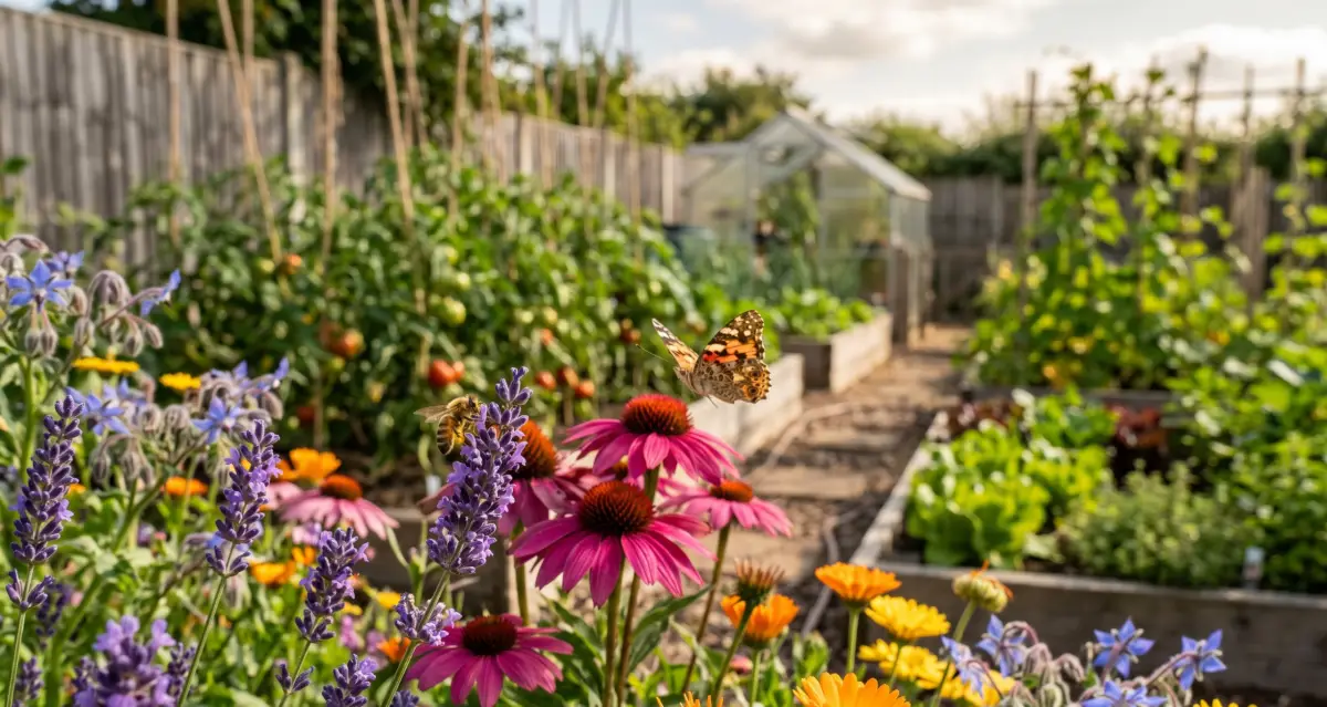 Massif de fleurs mellifères (échinacée, souci, lavande) avec papillon et abeille au potager