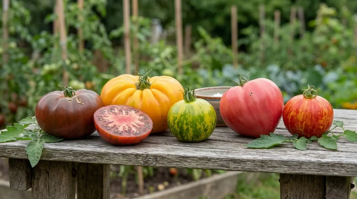 Assortiment de tomates anciennes de différentes couleurs sur une table de jardin