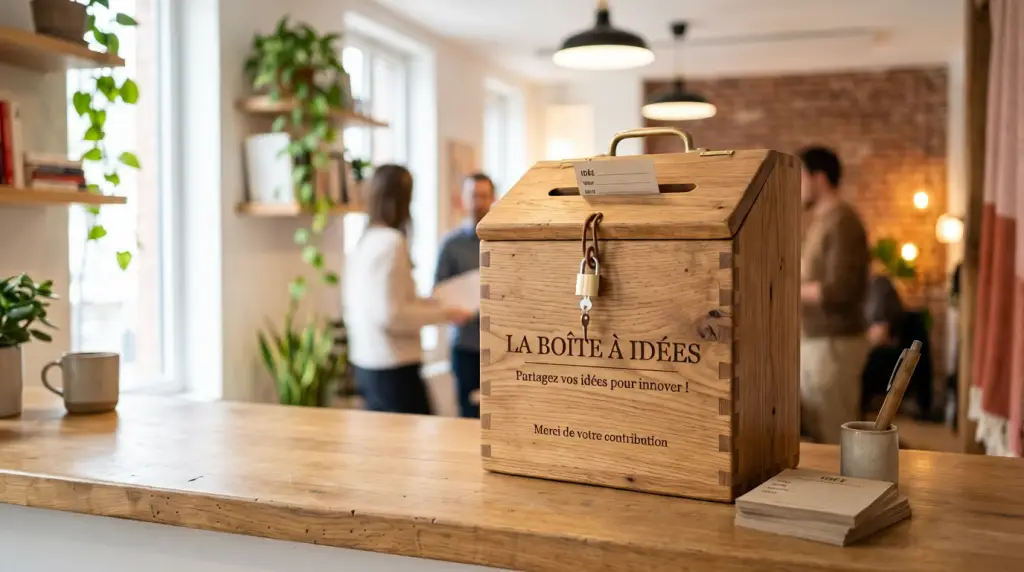 Boîte à idées en bois posée sur un comptoir, avec des personnes en arrière-plan