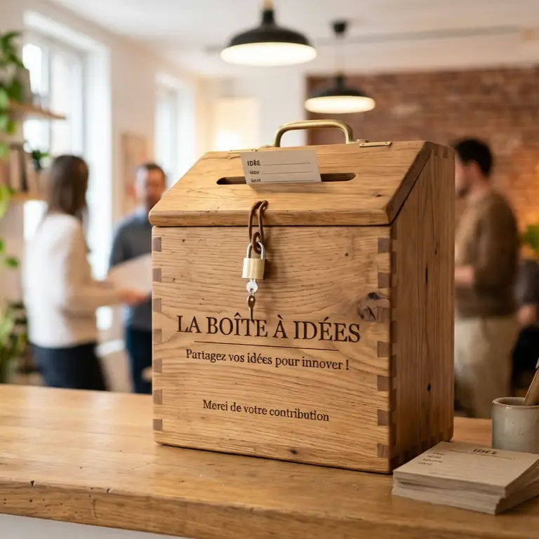 Boîte à idées en bois installée sur un comptoir pour recueillir les suggestions