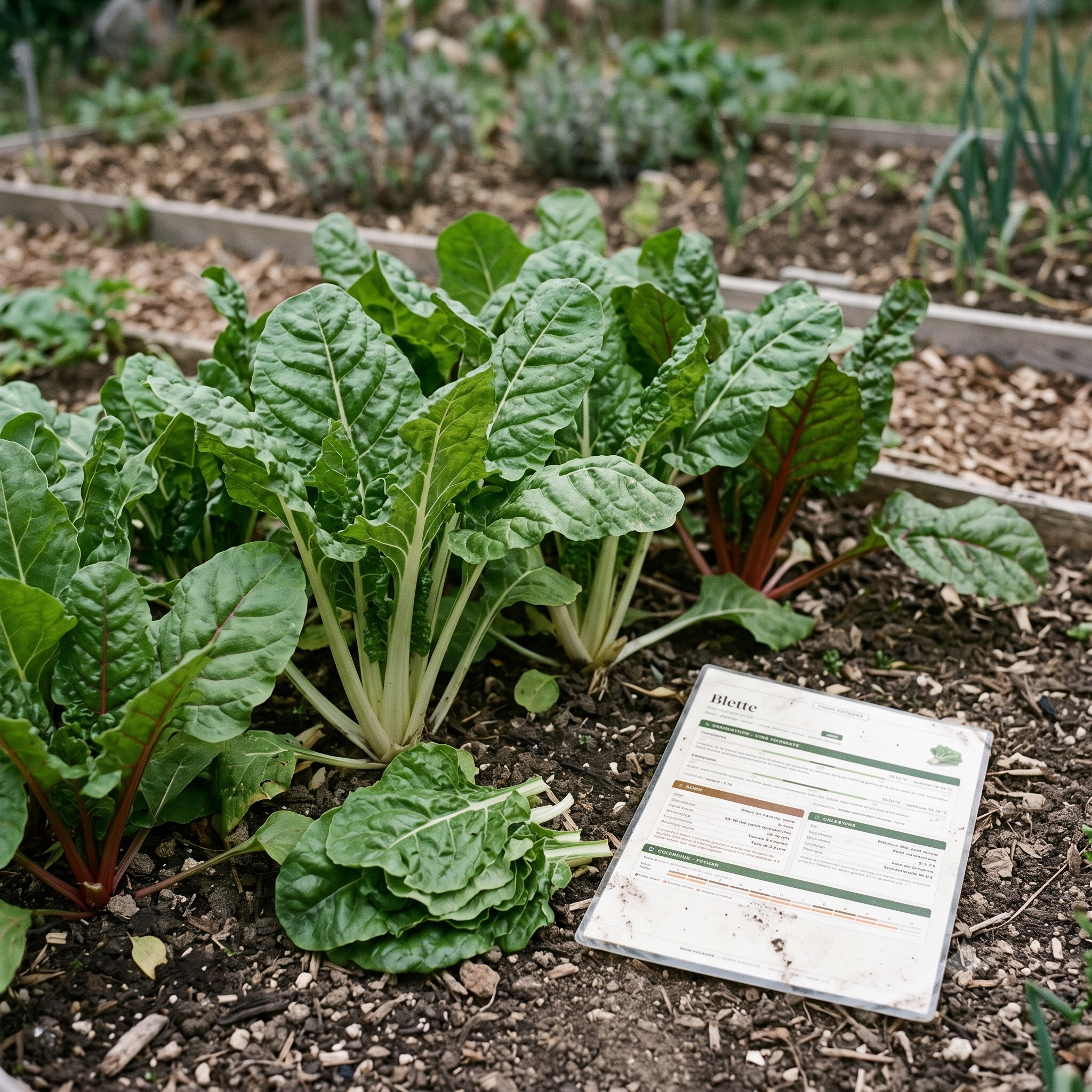 Pieds de blettes récoltés au potager avec leur fiche de culture Fiches Vertes