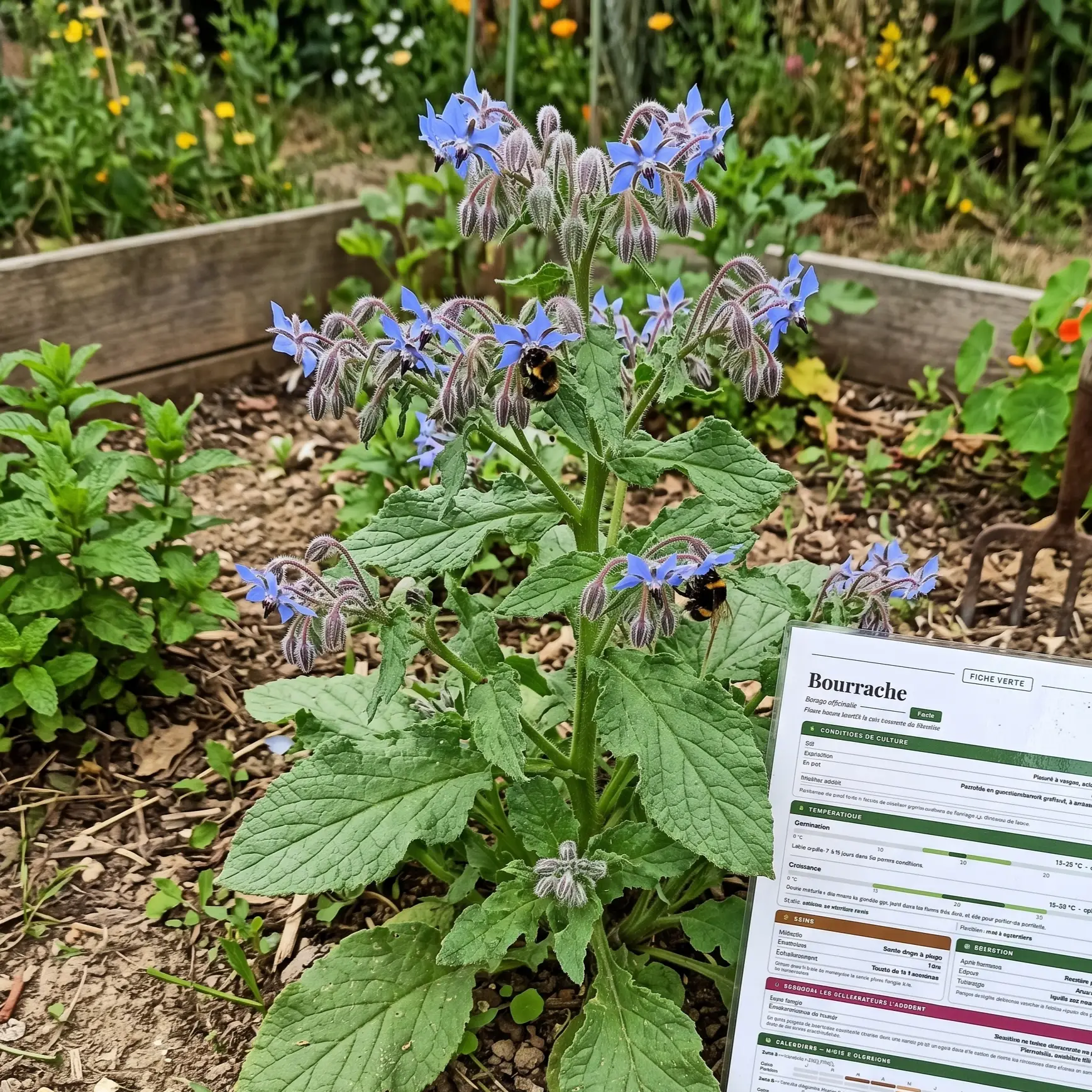 Plant de bourrache en fleurs au potager avec sa fiche de culture Fiches Vertes