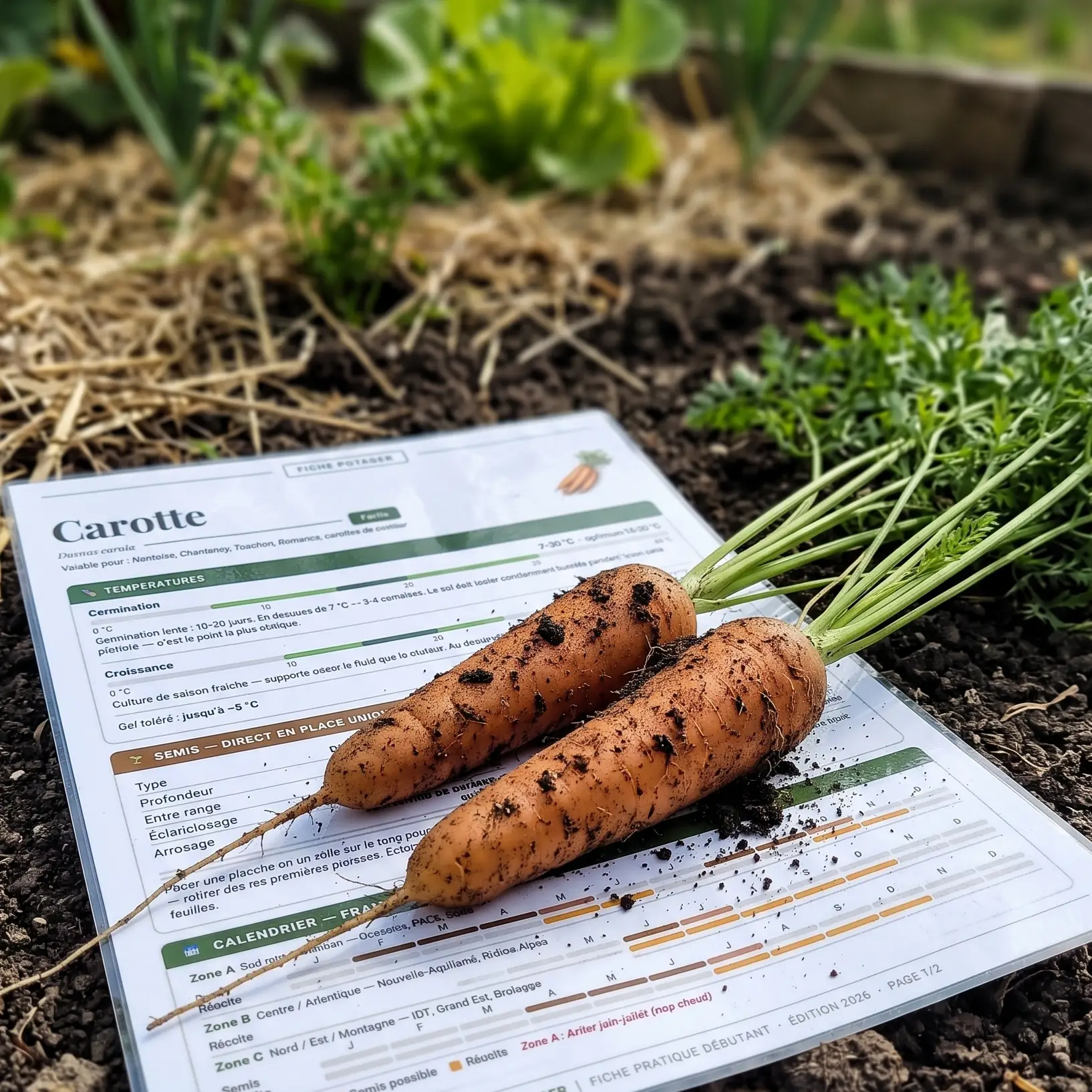 Carottes fraîchement récoltées avec leur fiche de culture Fiches Vertes