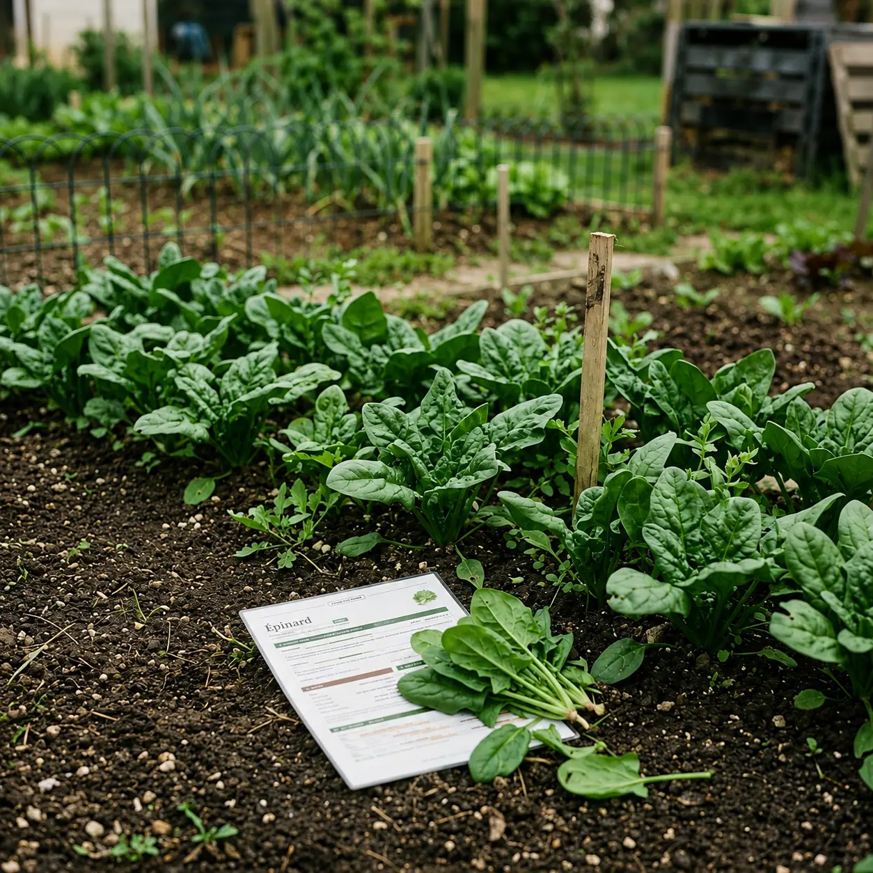 Pieds d'épinards au potager avec leur fiche de culture Fiches Vertes