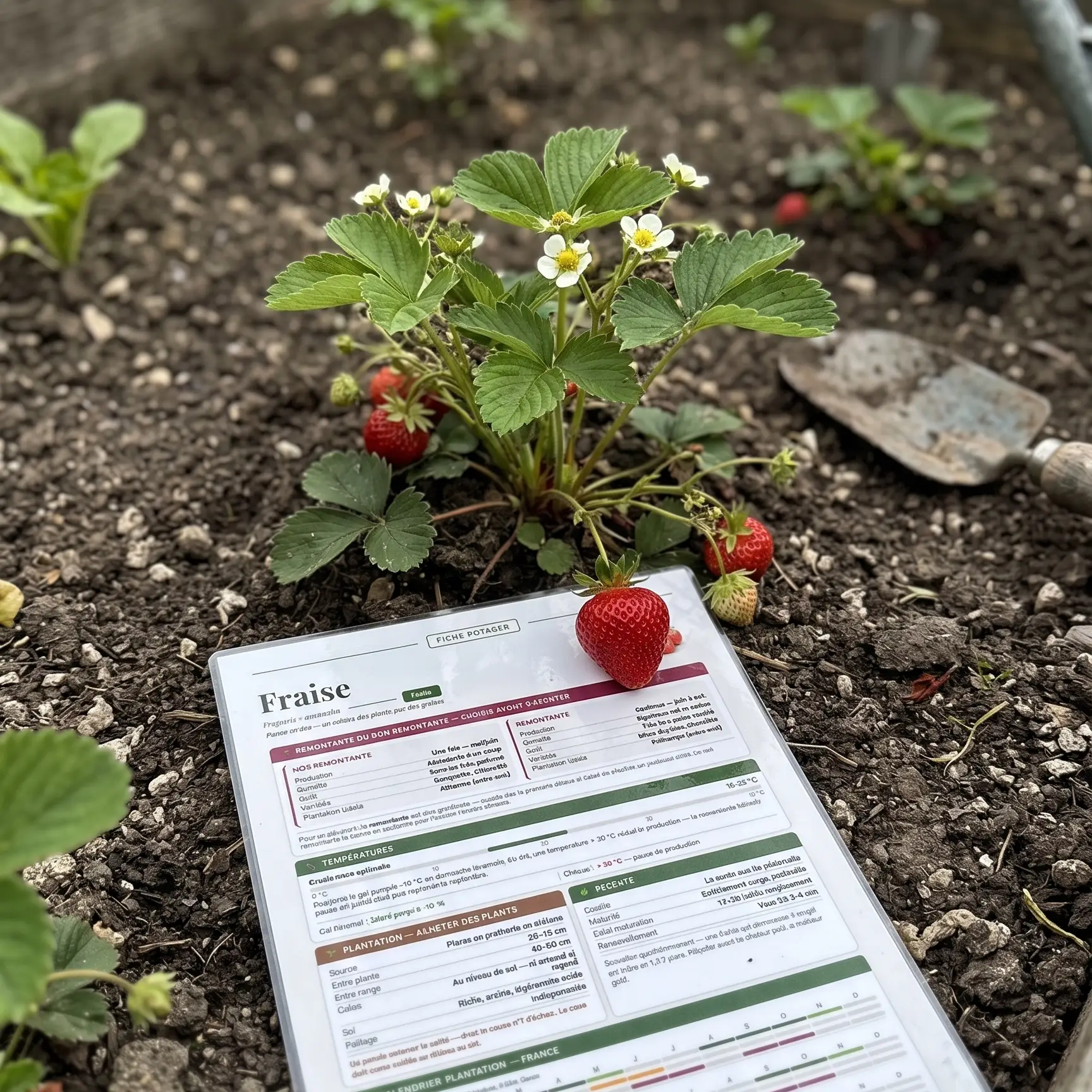 Plant de fraisier en fleurs et en fruits avec sa fiche de culture Fiches Vertes