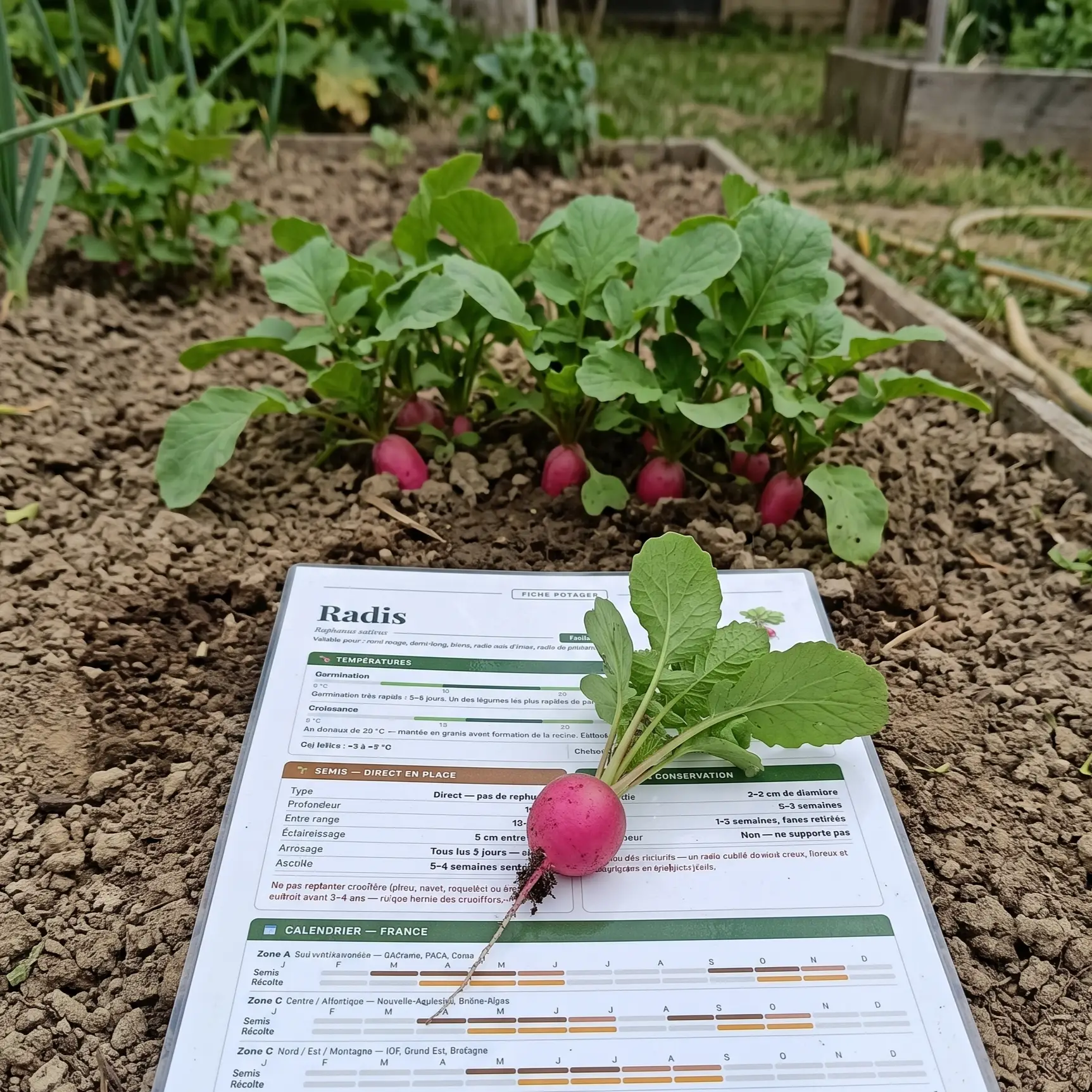 Radis fraîchement récolté posé sur sa fiche de culture Fiches Vertes