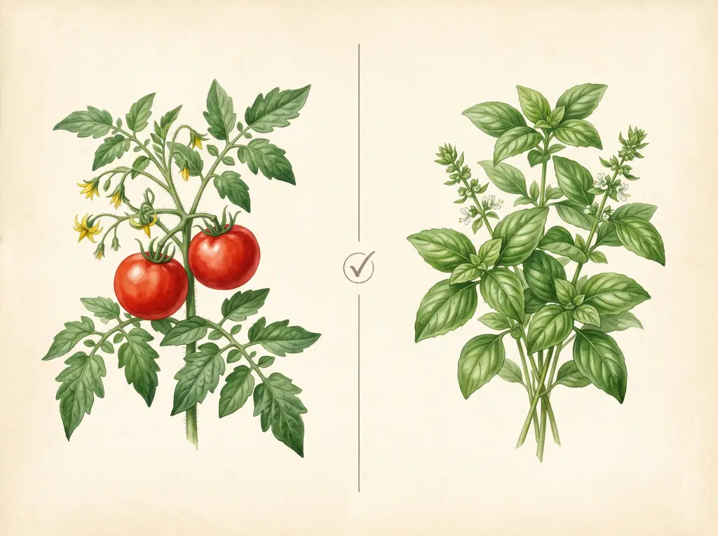 Illustration d'un plant de tomate et de basilic associés au potager