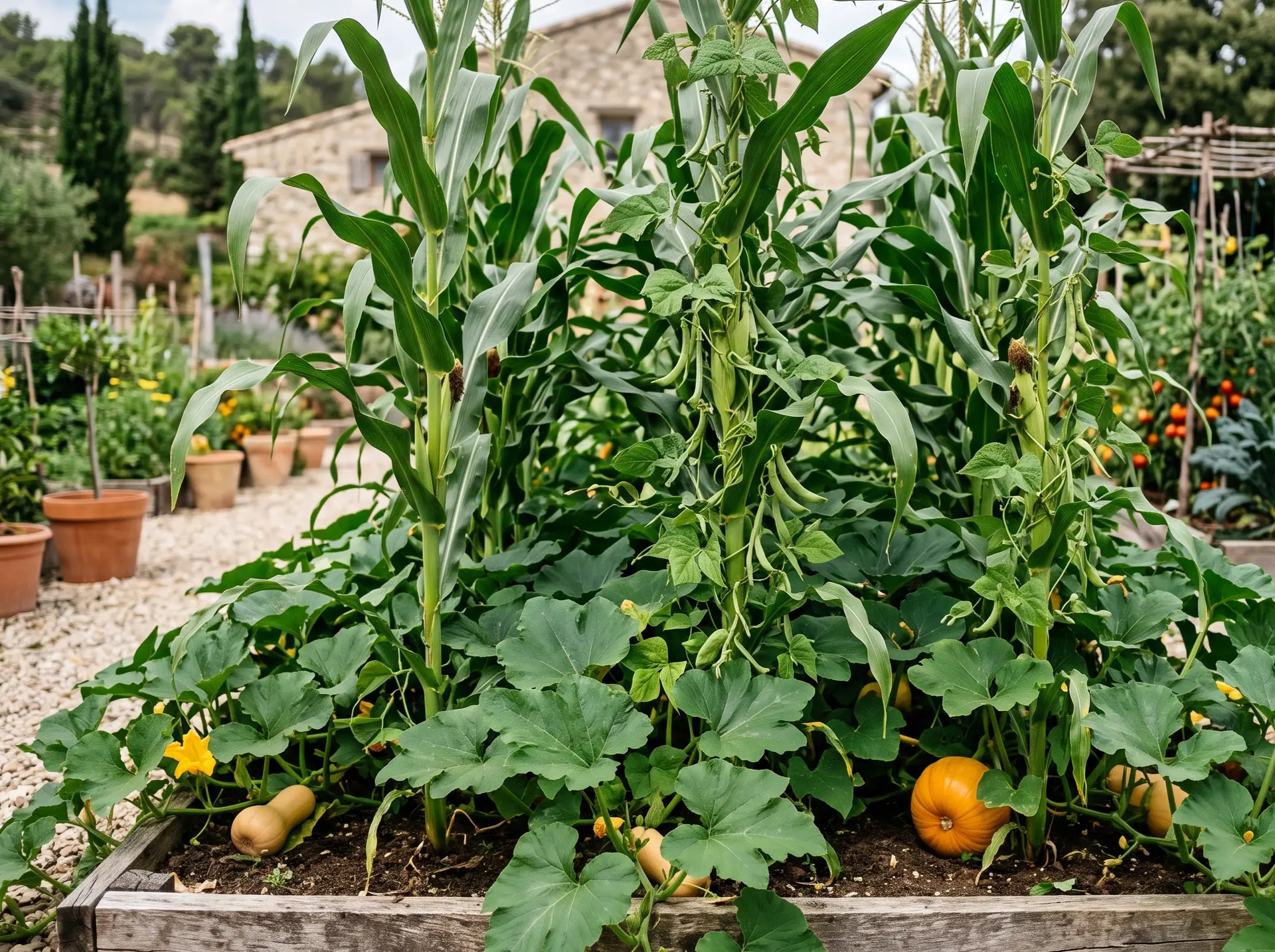 Association des Trois Sœurs au potager : plants de maïs servant de tuteur à des haricots grimpants, avec des feuilles de courge tapissant le sol