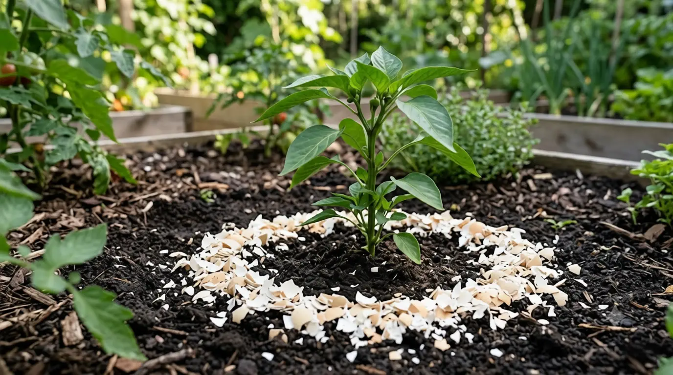 Jeune plant de poivron entouré d'un collier de coquilles d'œufs broyées au pied de la tige