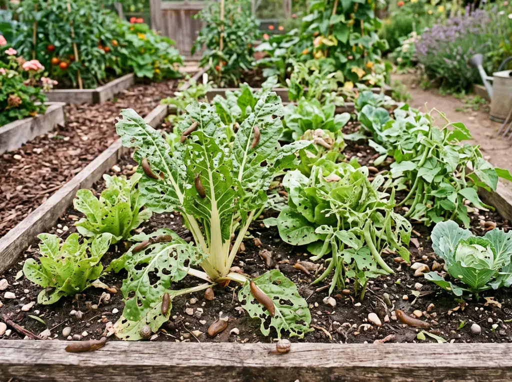 Limaces sur des feuilles de blettes et de salades trouées dans un potager