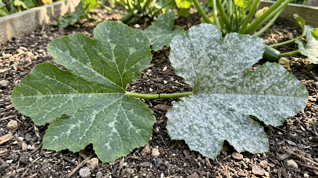 Comparaison entre une feuille de courgette au marbrage naturel et une feuille atteinte d'oïdium avec sa poudre blanche caractéristique
