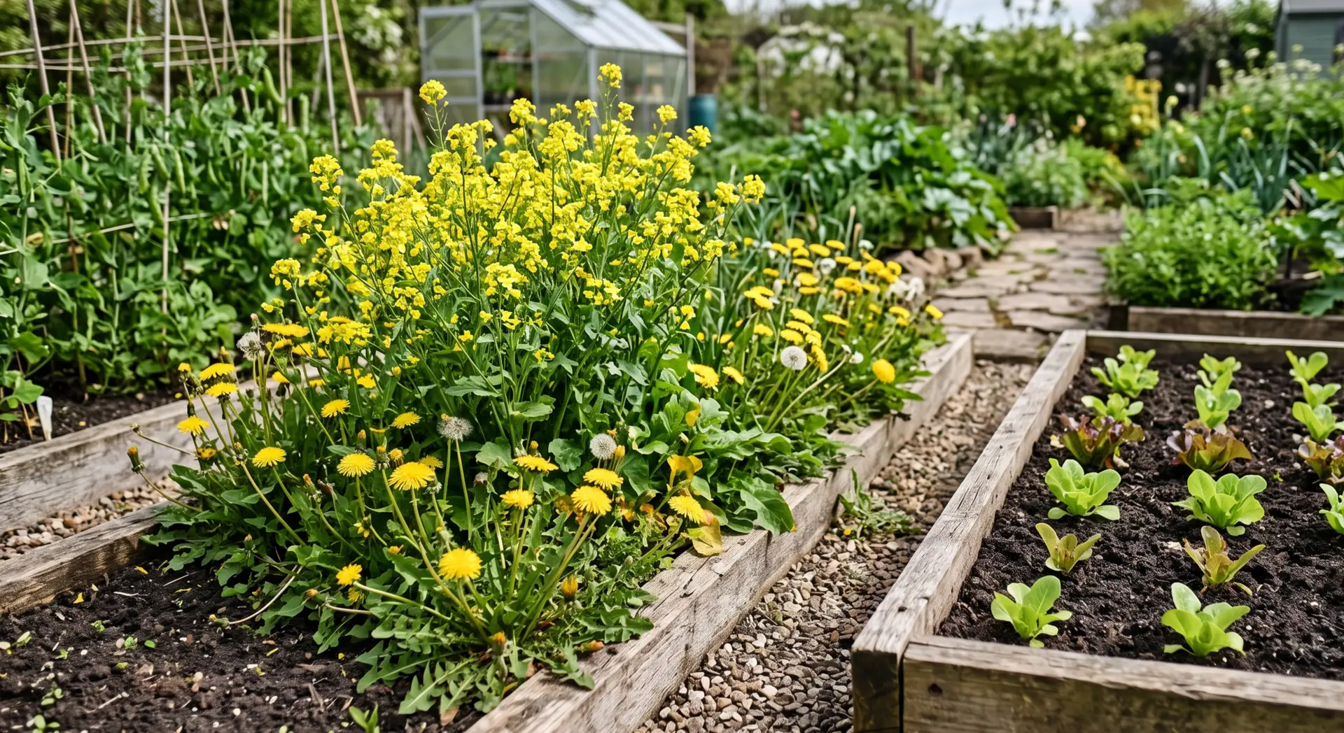 Petit massif de moutarde et de pissenlits en fleur, planté à quelques pas d'un carré de jeunes salades
