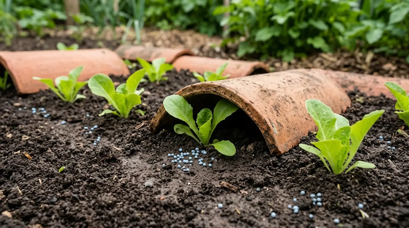 Granulés au phosphate de fer disposés en petit tas espacés au pied de jeunes plants, à l'abri sous une tuile