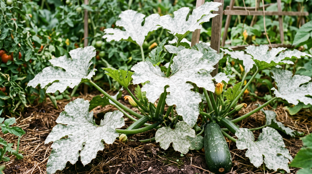 Feuilles de courgette recouvertes du feutrage blanc caractéristique de l'oïdium