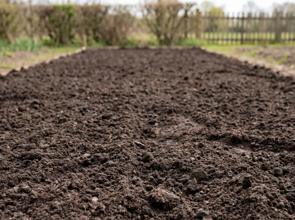 Planche de potager fraîchement bêchée et prête à être plantée