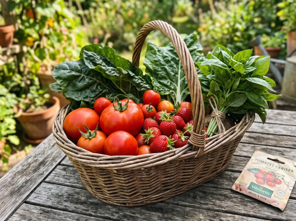 Panier en osier rempli de tomates, basilic et légumes récoltés au potager