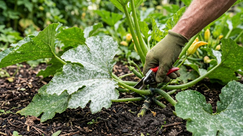 Main retirant une feuille de courgette atteinte d'oïdium à sa base