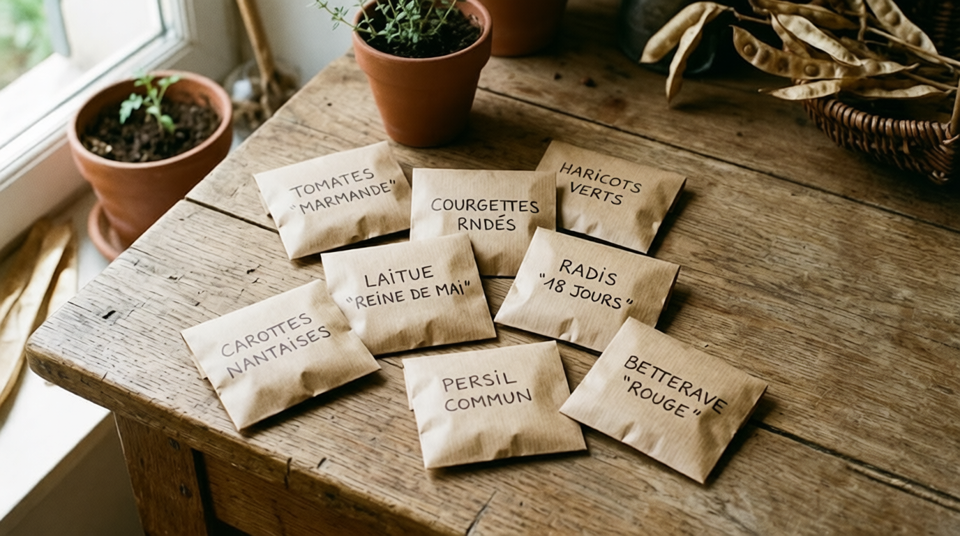 Petits sachets en papier kraft étiquetés à la main contenant des graines de légumes