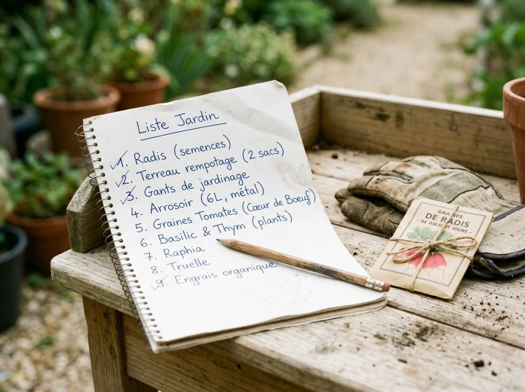 Carnet de jardin avec une liste de courses potager posé sur une table à rempoter