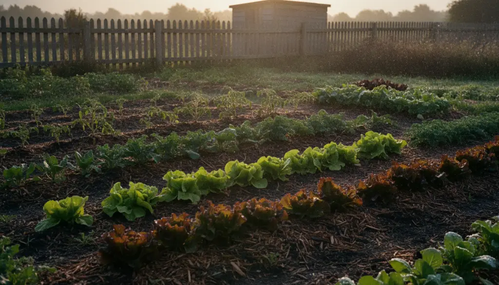 Rangée de salades au potager éclairées par la lumière du soir
