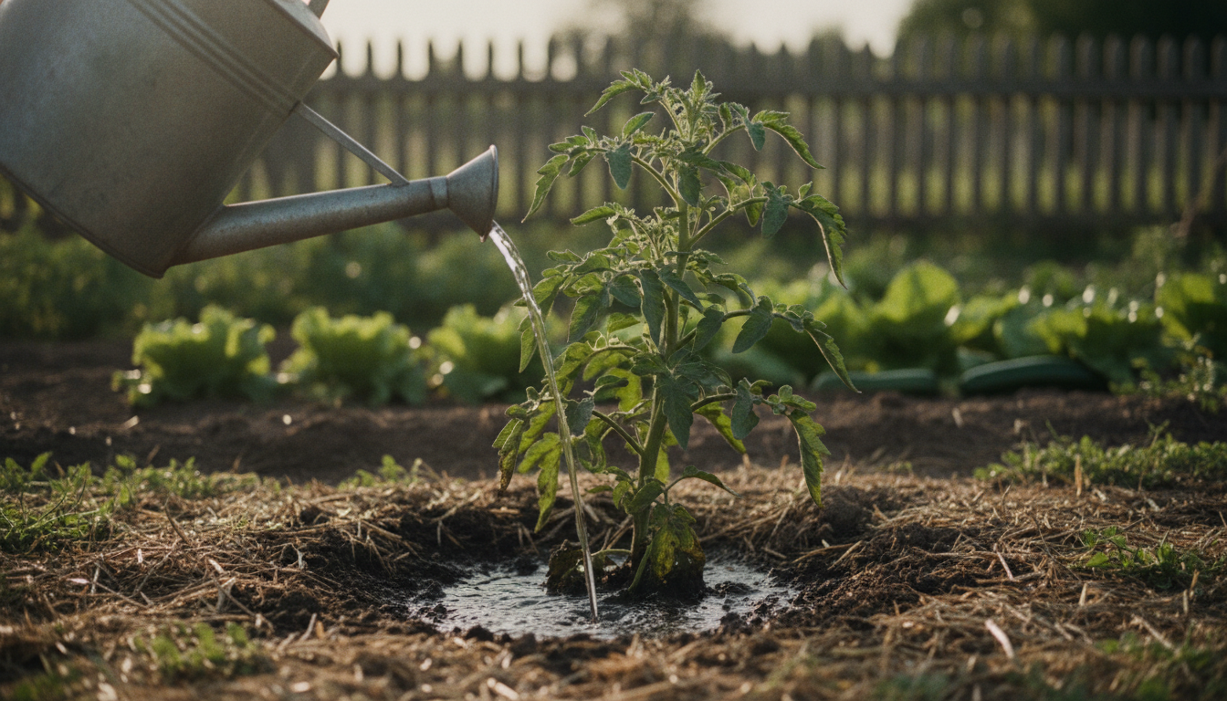 Arrosage au pied d'un plant de tomate tôt le matin, au ras du sol