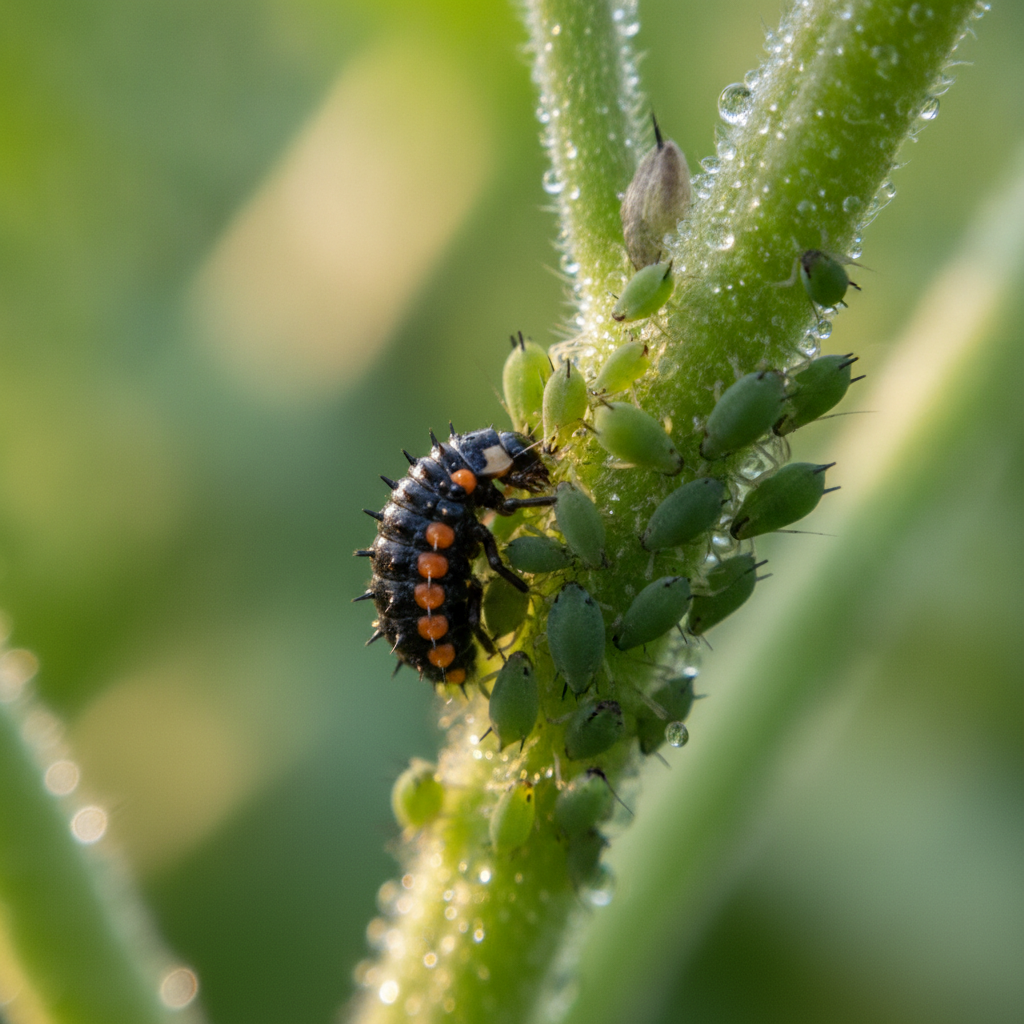 Larve de coccinelle en train de dévorer une colonie de pucerons sur une tige
