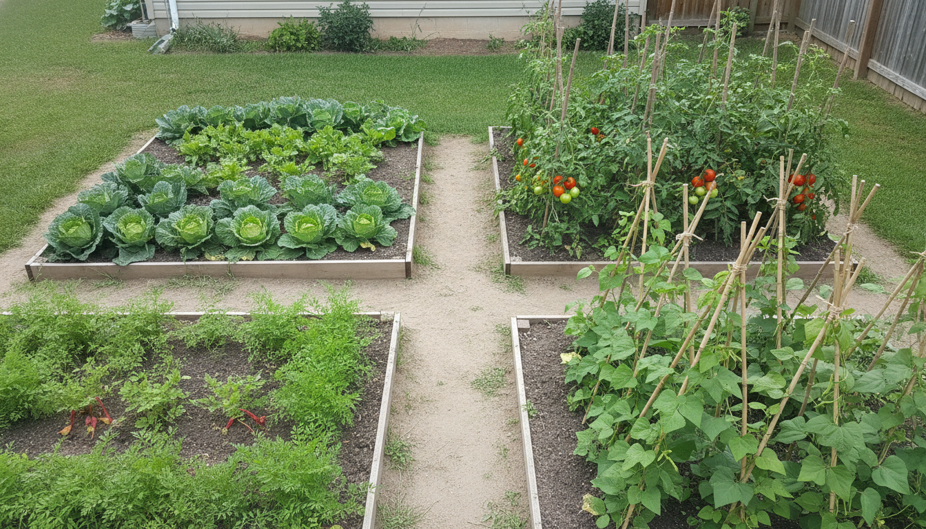 Potager divisé en quatre planches distinctes, chacune plantée d'une famille de légumes différente : choux, tomates, carottes, haricots