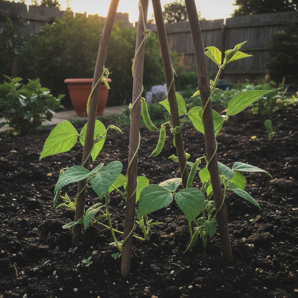 Jeunes plants de haricots grimpants avec leurs premières gousses, cultivés en pleine terre